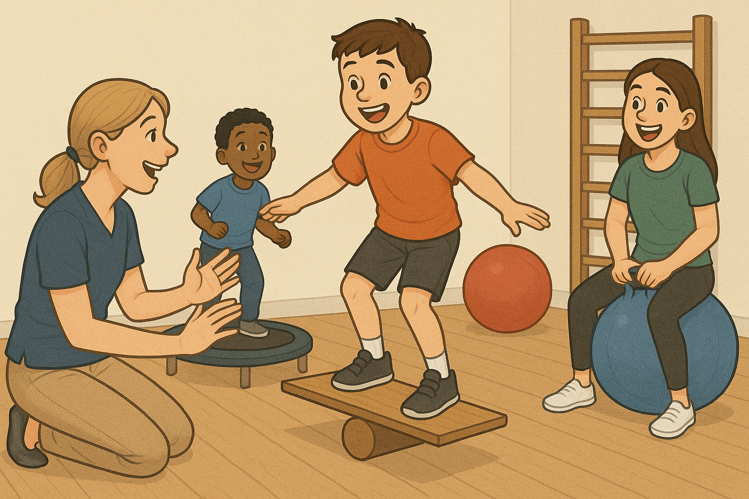 A képen az Alapozó mozgásterápia látható, amely a foglalkozások során használt eszközöket és módszereket reprezentálja.