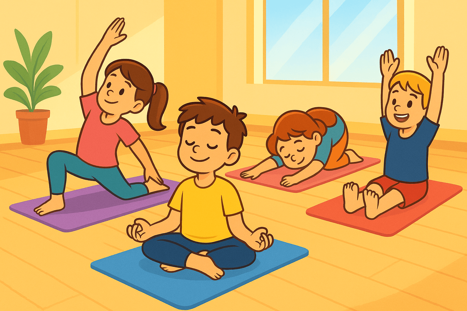 A képen a Gyerek jóga látható, amely a foglalkozások során használt eszközöket és módszereket reprezentálja.